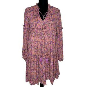 Cottagecore Shift Dress Pink Ditsy Floral Tiered‎ Boho Size S